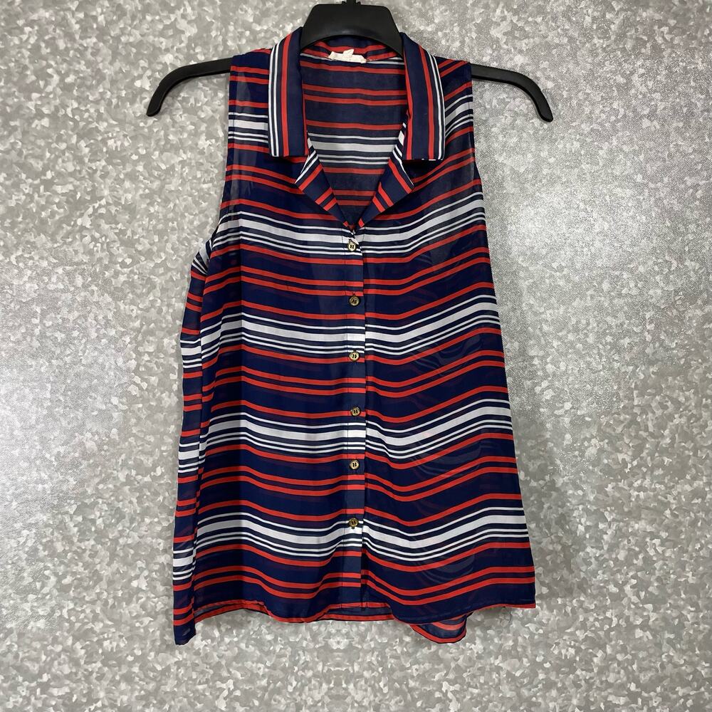 Thyme & Honey Blue Striped Sleeveless Button Up Shirt - Size Small - Semi Sheer